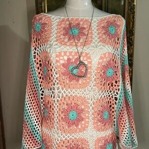 POL Pink and Teal Crochet‎ Top